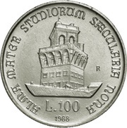 100 Lire University of Bologna, Italy, 1988 reverse image