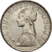 500 Lire Trial strike; caravelle upwind flags, Italy, 1957 reverse image