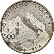 500 Lire Guglielmo Marconi - Trial Strike, Italy, 1974 reverse image