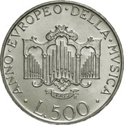 500 Lire European Year of the Music, Italy, 1985 reverse image