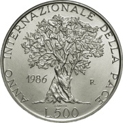 500 Lire International Year of Peace, Italy, 1986 reverse image