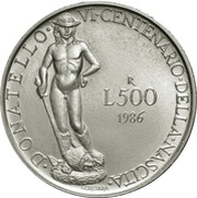 500 Lire Donatello, Italy, 1986 reverse image