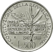 500 Lire Constitution, Italy, 1988 reverse image