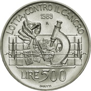 500 Lire Fight against Cancer, Italy, 1989 reverse image