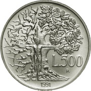 500 Lire Flora and Fauna, Italy, 1991 reverse image