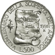500 Lire Colombo - The maps, Italy, 1991 reverse image