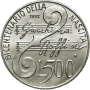 500 Lire Gioacchino Rossini, Italy, 1992 reverse image