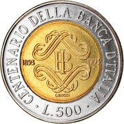 500 Lire Bank of Italy Centennial reverse image