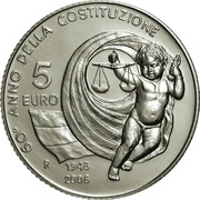 5 Euros Constitution of Italian Republic, Italy, 2008 reverse image