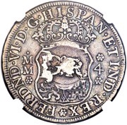 3 Shilling 4 Pence - George II Countermarked 4 Reales of Ferdinand VI obverse image