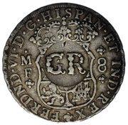 6 Shillings 8 Pence - George II FERDND VI D G HISPAN ET IND REX; royal crown; Mexico City mint; countermarked obverse image