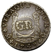 6 Shillings 8 Pence - George II FERDND VI D G HISPAN ET IND REX; royal crown; Mexico City mint; countermarked, Jamaica, 1758 reverse image