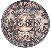 6 Shillings 8 Pence - George II FERDND VI D G HISPAN ET IND REX; imperial crown; Mexico City mint; countermarked obverse image