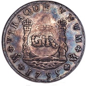 6 Shillings 8 Pence - George II FERDND VI D G HISPAN ET IND REX; imperial crown; Mexico City mint; countermarked, Jamaica, 1758 reverse image