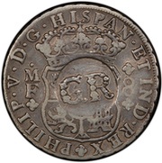 6 Shillings 8 Pence - George II PHILIP V DG HISPAN ET IND REX; Mexico City mint; countermarked obverse image