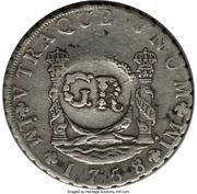 6 Shillings 8 Pence - George II FERDND VI D G HISPAN ET IND REX; Lima mint; countermarked, Jamaica, 1758 reverse image