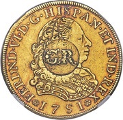 5 Pounds - George II FERDND VI D G HISPAN ET IND REX; countermarked obverse image