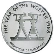 10 Dollars Year of the Worker; silver proof, Jamaica, 1988 reverse image