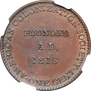 1 Cent Token Coinage; large ship reverse image