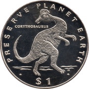 1 Dollar Corythosaurus, Liberia, 1993 reverse image