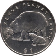 1 Dollar Pygmy Hippo, Liberia, 1994 reverse image