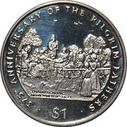 1 Dollar First Thanksgiving scene, Liberia, 1995 reverse image