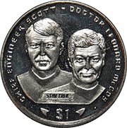1 Dollar Commander Montgomery Scott and Admiral Leonard McCoy, Liberia, 1996 reverse image