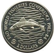 2 Dollars FAO World Fisheries Conference; Silver Piedfort, Liberia, 1983 reverse image