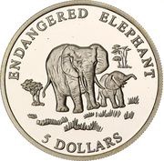 5 Dollars Endangered Elephant, Liberia, 2000 reverse image