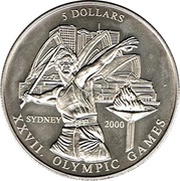 5 Dollars XXVII Olympic Games - Javelin throw, Liberia, 2000 reverse image