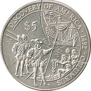 5 Dollars Discovery of America, Liberia, 2000 reverse image