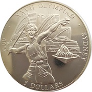 5 Dollars XXVII Olympic Games - Javelin throw, Liberia, 2000 reverse image