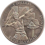 5 Dollars XXVII Olympic Games - Javelin throw, Liberia, 2000 reverse image