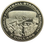5 Dollars Soccer Stadium Munich, small issue, Liberia, 2005 reverse image