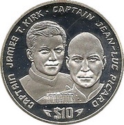 10 Dollars Captain James T. Kirk and Captain Jean-Luc Picard; Silver Proof issue, Liberia, 1995 reverse image