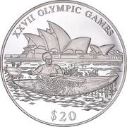 20 Dollars XXVII Olympic Games - Canoe on kayaks, Liberia, 2000 reverse image
