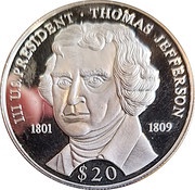 20 Dollars Thomas Jefferson, Liberia, 2000 reverse image