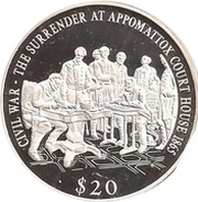 20 Dollars Civil War - Surrender at appomattox courthouse, Liberia, 2001 reverse image