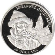 20 Dollars Johannes Gutenberg, Liberia, 2004 reverse image
