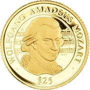 25 Dollars Wolfgang Amadeus Mozart, Liberia, 2000 reverse image