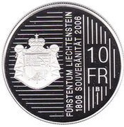 10 Franken - Johann I 200 Years of Sovereignty, Liechtenstein, 2006 reverse image