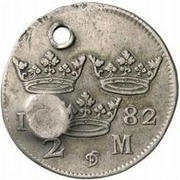 2 Mark - Carl XII Countermark; type 1 reverse image