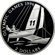 2 Dollars - Elizabeth II Catamaran Sailing, Bahamas, 1995 reverse image