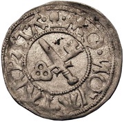 1 Schilling - Jodokus von der Recke One shield with curved top; sword right; key left and up, Livonia, 1546-1547 reverse image