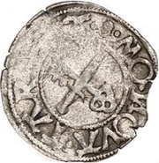1 Schilling - Jodokus von der Recke One shield with curved top; sword left; key right, Livonia, 1546-1547 reverse image