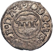 1 Schilling - Jodokus von der Recke One shield with bumpy top and pointy bottom; sword right; key left obverse image