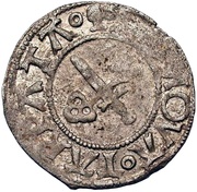 1 Schilling - Jodokus von der Recke One shield with bumpy top and pointy bottom; sword right; key left, Livonia, 1546-1551 reverse image