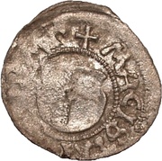 1 Pfennig - Wolter von Plettenberg and Jasper Linde Riga; one shield; smooth bottom with left half shaded obverse image