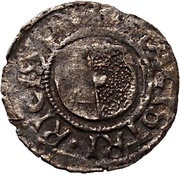 1 Pfennig - Wolter von Plettenberg and Jasper Linde Riga; one shield; smooth bottom with right half shaded obverse image