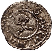 1 Pfennig - Wolter von Plettenberg and Jasper Linde Riga; one shield; smooth bottom with right half shaded, Livonia, 1509-1524 reverse image